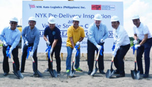 At the ground breaking (from left): Jong Castañeda, NYK Auto Logistics Philippines (NALP) general manager; Teng Albert, NALP president; Dennis Hain, Brgy. Niugan chairman; Atty. Rommel Gecolea, Cabuyao City Mayor; Manuel de Jesus, ICTSI vice president for Business Development – Asia; Ayumi Tsuboi, NALP vice president; and Jerry Lagunilla, assistant general manager for PDI Operations.